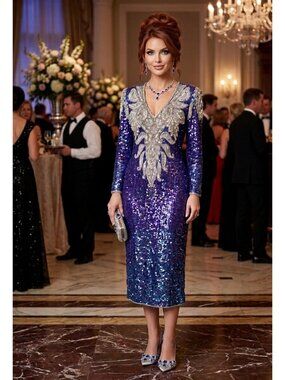 Halston ? Vtg Silk Cobalt Blue Purple Silver Sequined  Beaded Evening Dress Gown